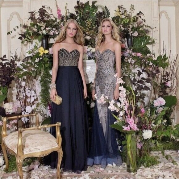 Black Formal Evening Gown SMALL Maxi Long Beaded Gold Sparkle Prom NWT $458 - Picture 1 of 10